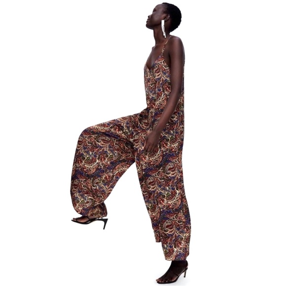 Zara • RARE Paisley Wide Leg Silky Jumpsuit Overall Playsuit Size M - Picture 3 of 6